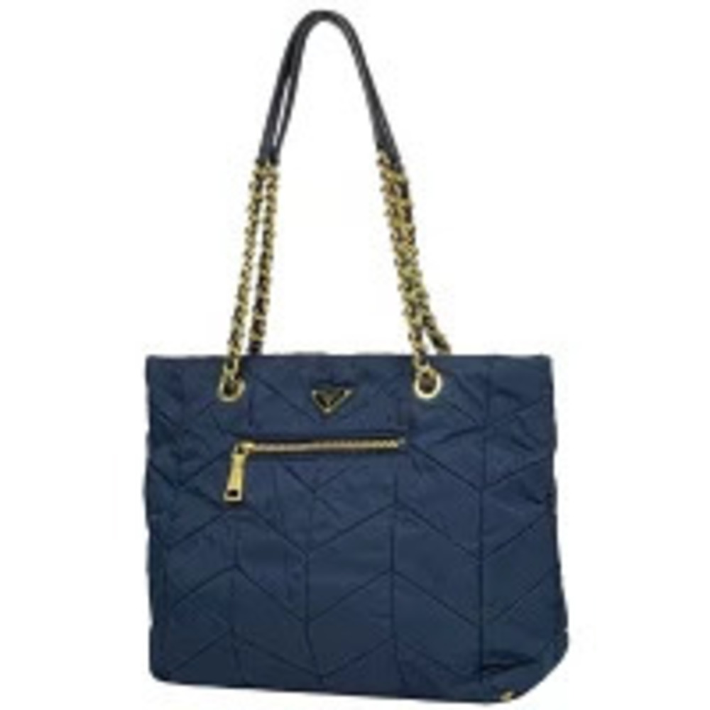Prada Plate Chain Tote Bag Quilted Shoulder Navy Blue